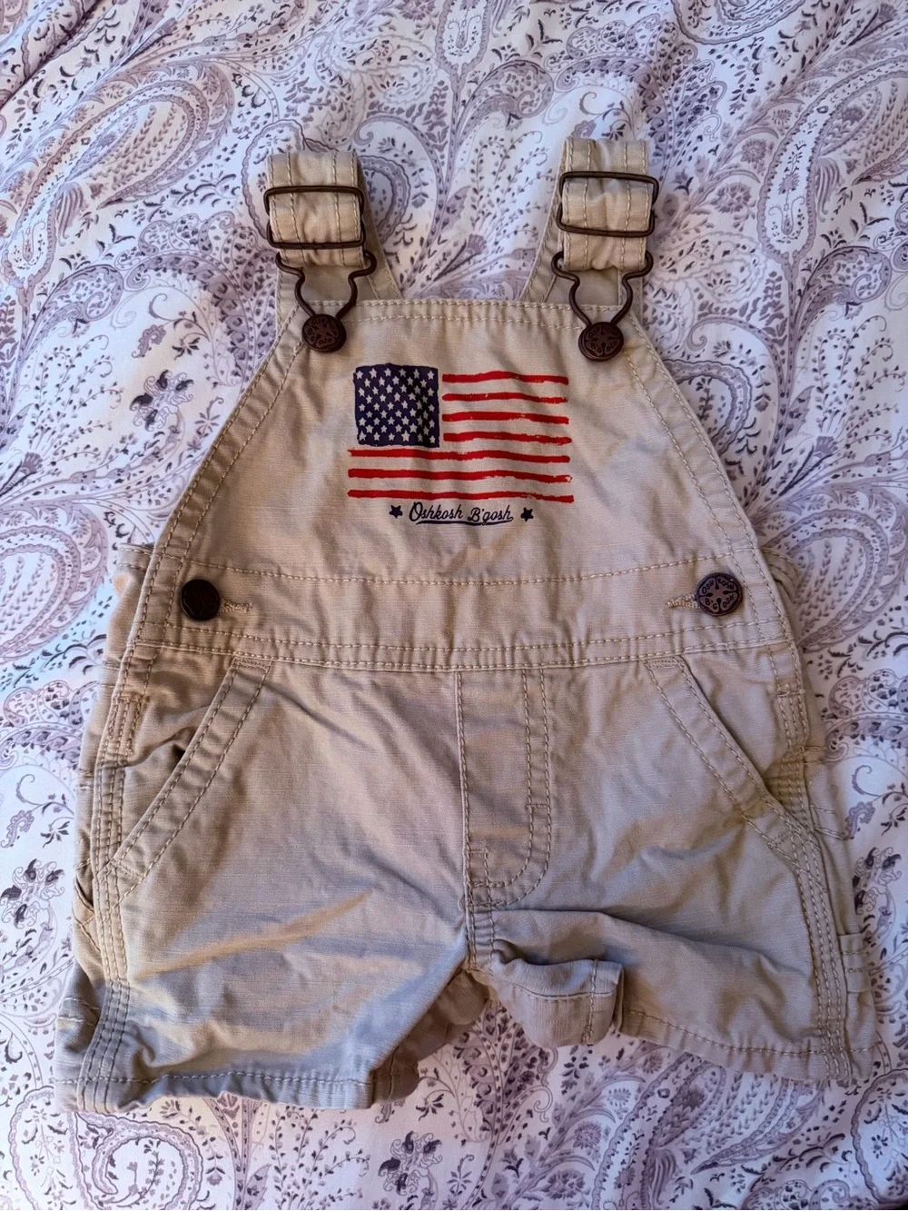 OshKosh B'gosh Khaki American Flag Overalls